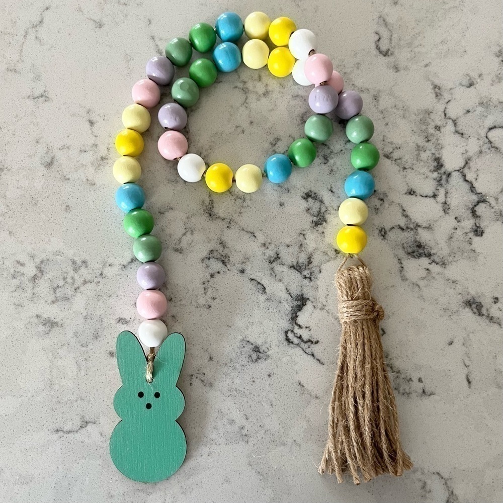 Green Bunny Easter Beads Wood Bead Garland 30” Tiered Tray Decor for Spring